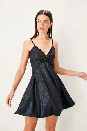 11648 Navy Blue Draped Glitter Dress