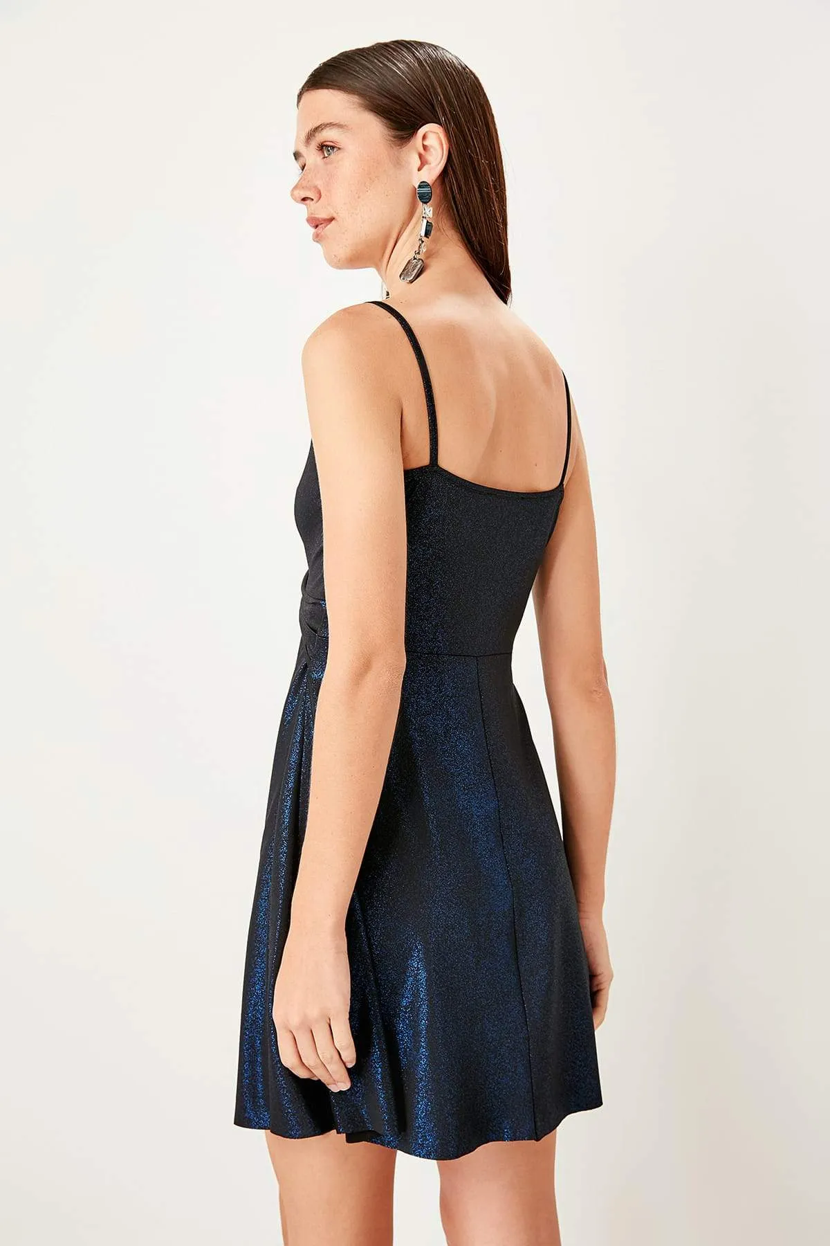 11648 Navy Blue Draped Glitter Dress