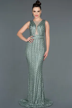 16016 Mint Transparent Back Tulle Sequined Dress