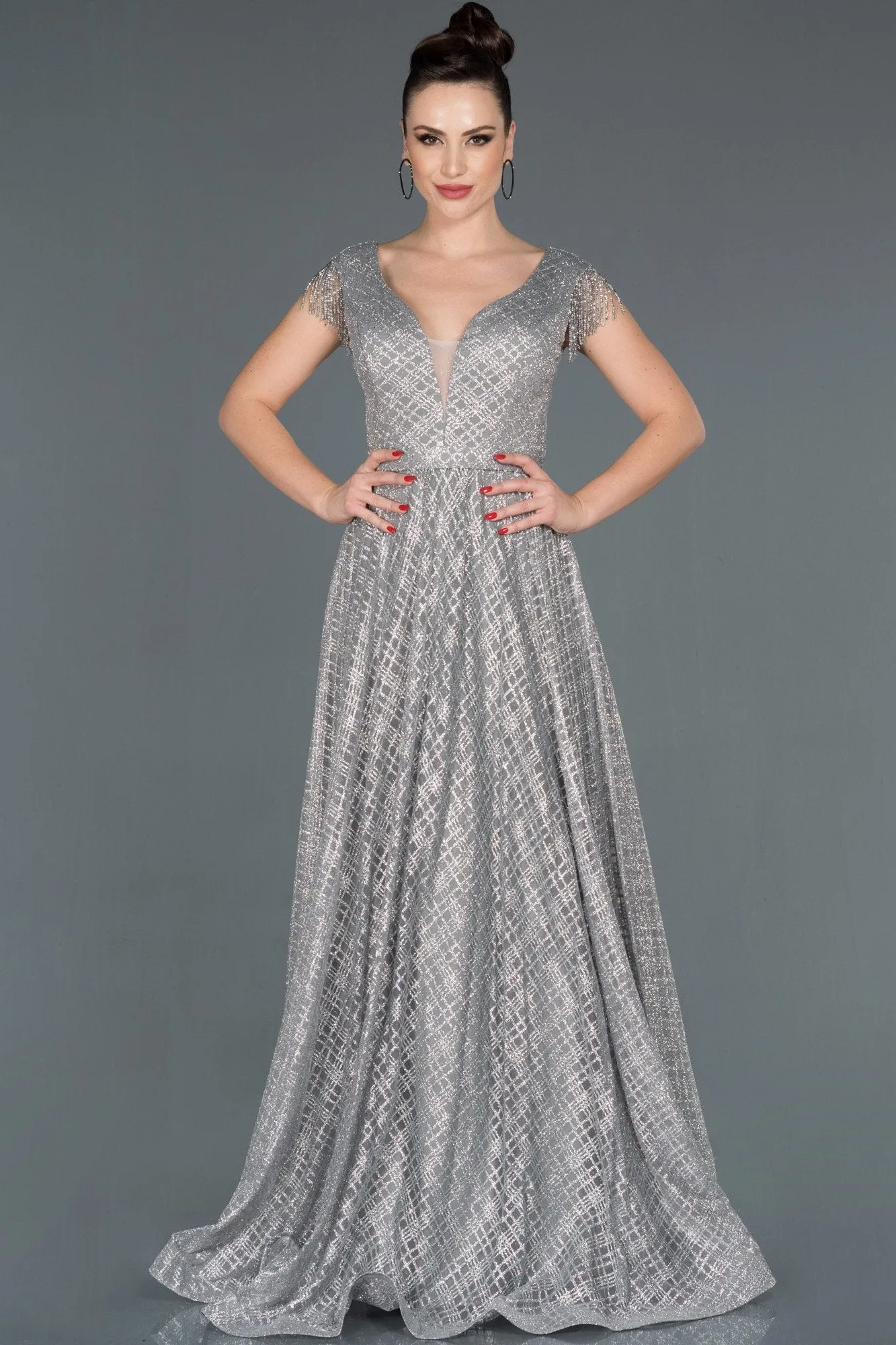 16019 Grey-Silver Tassel Sleeve Shimmer Dress