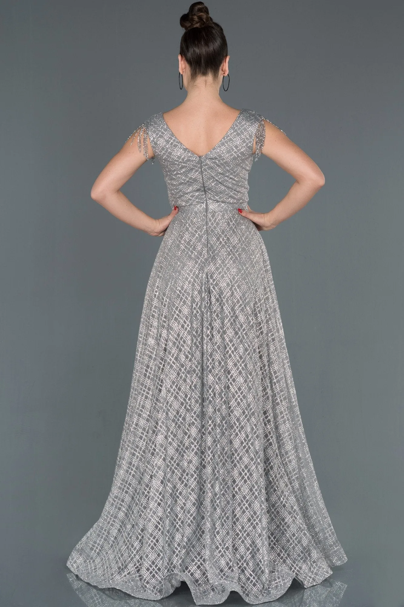 16019 Grey-Silver Tassel Sleeve Shimmer Dress