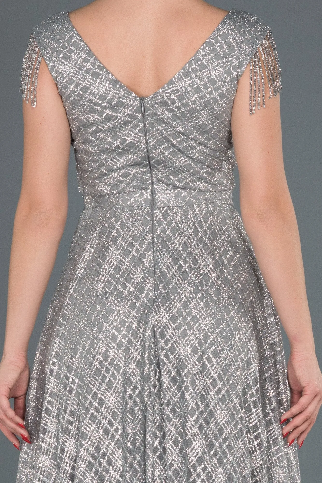 16019 Grey-Silver Tassel Sleeve Shimmer Dress