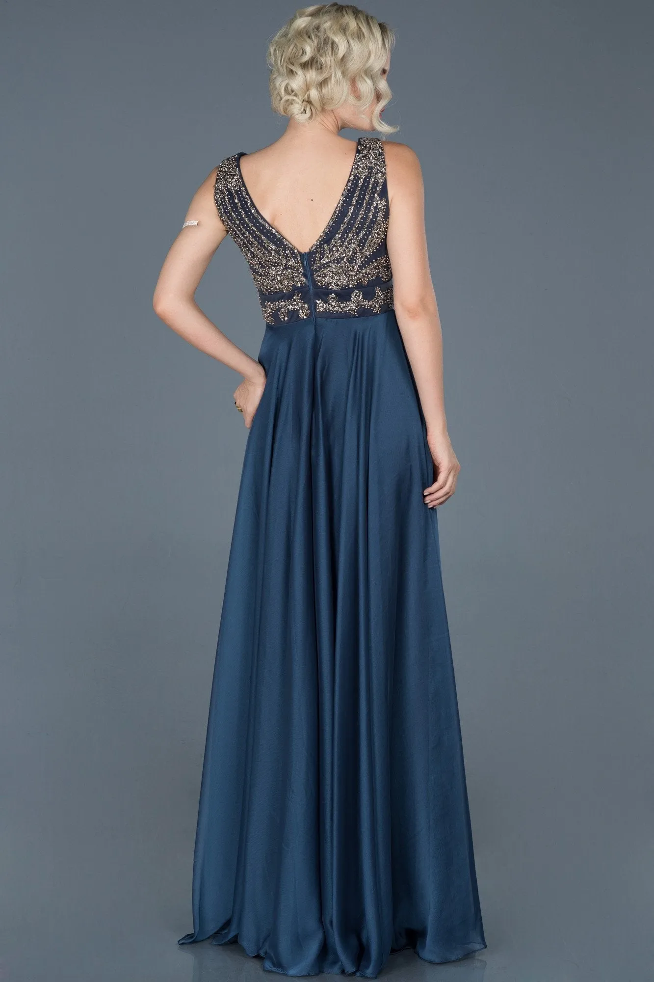 16086 Indigo-Gold Stone Embroidered Dress