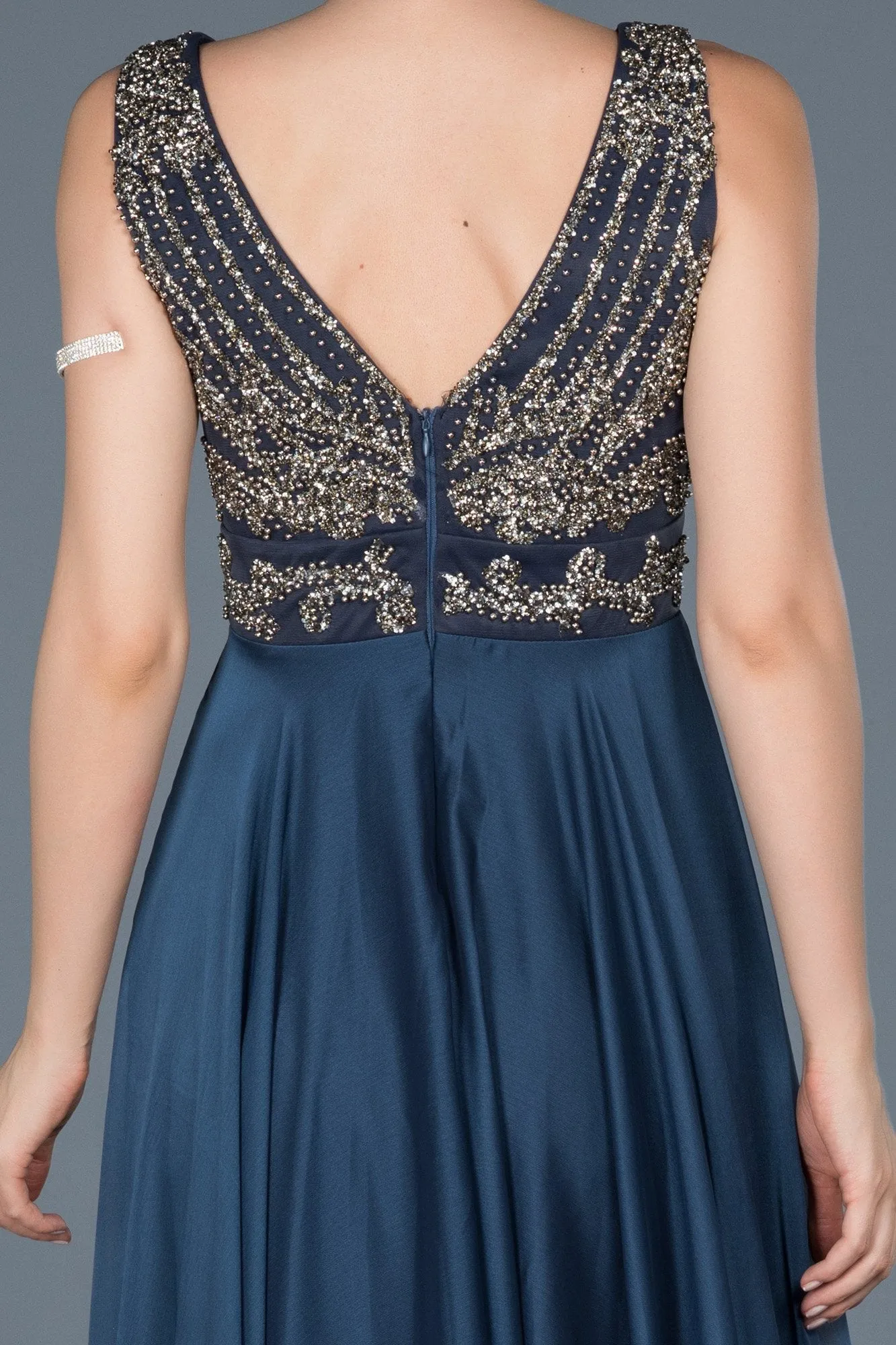 16086 Indigo-Gold Stone Embroidered Dress