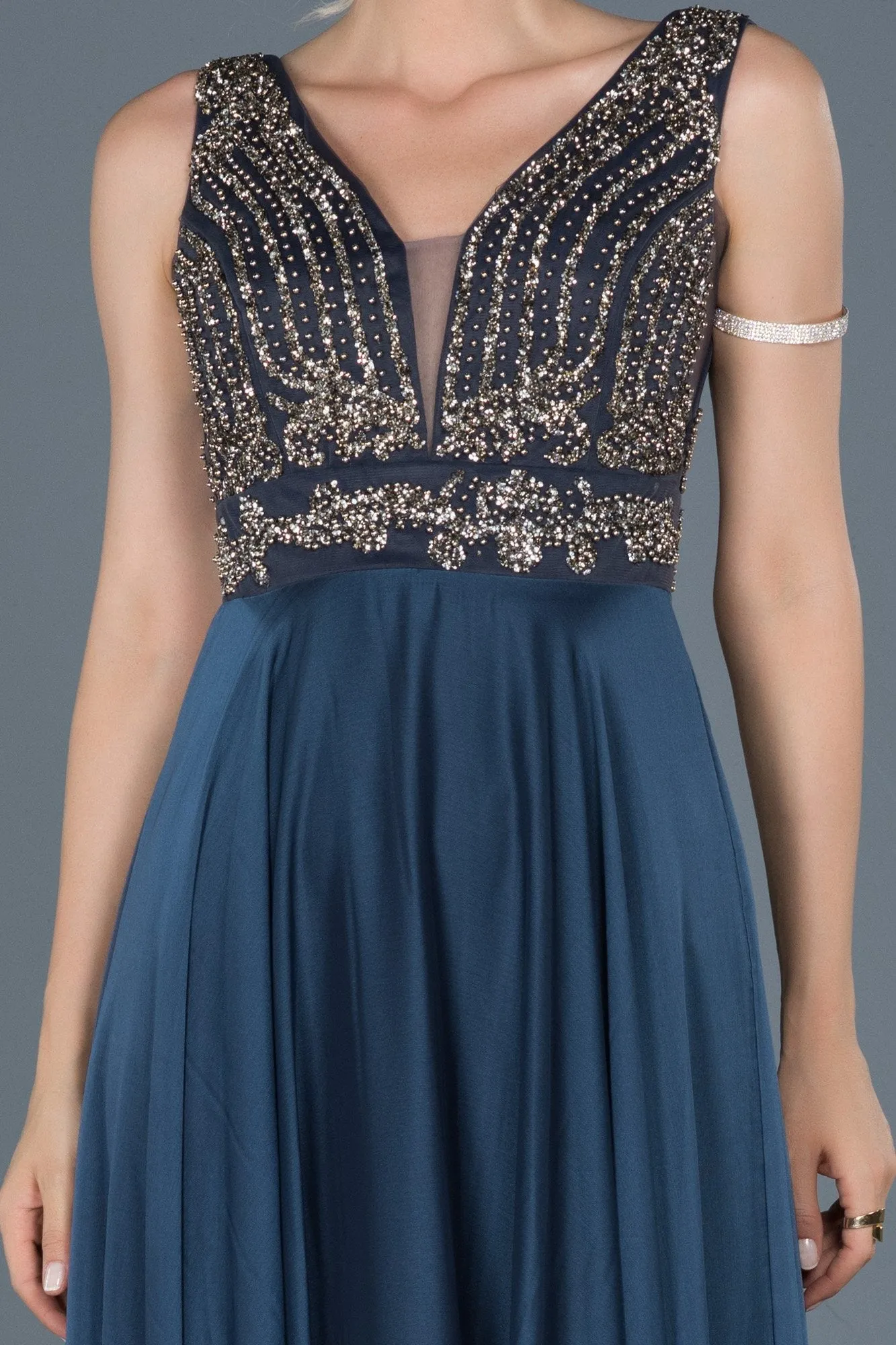 16086 Indigo-Gold Stone Embroidered Dress