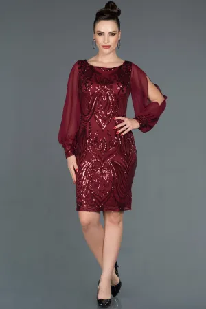 16088 Claret Red Slit Sleeve Sequined Dress