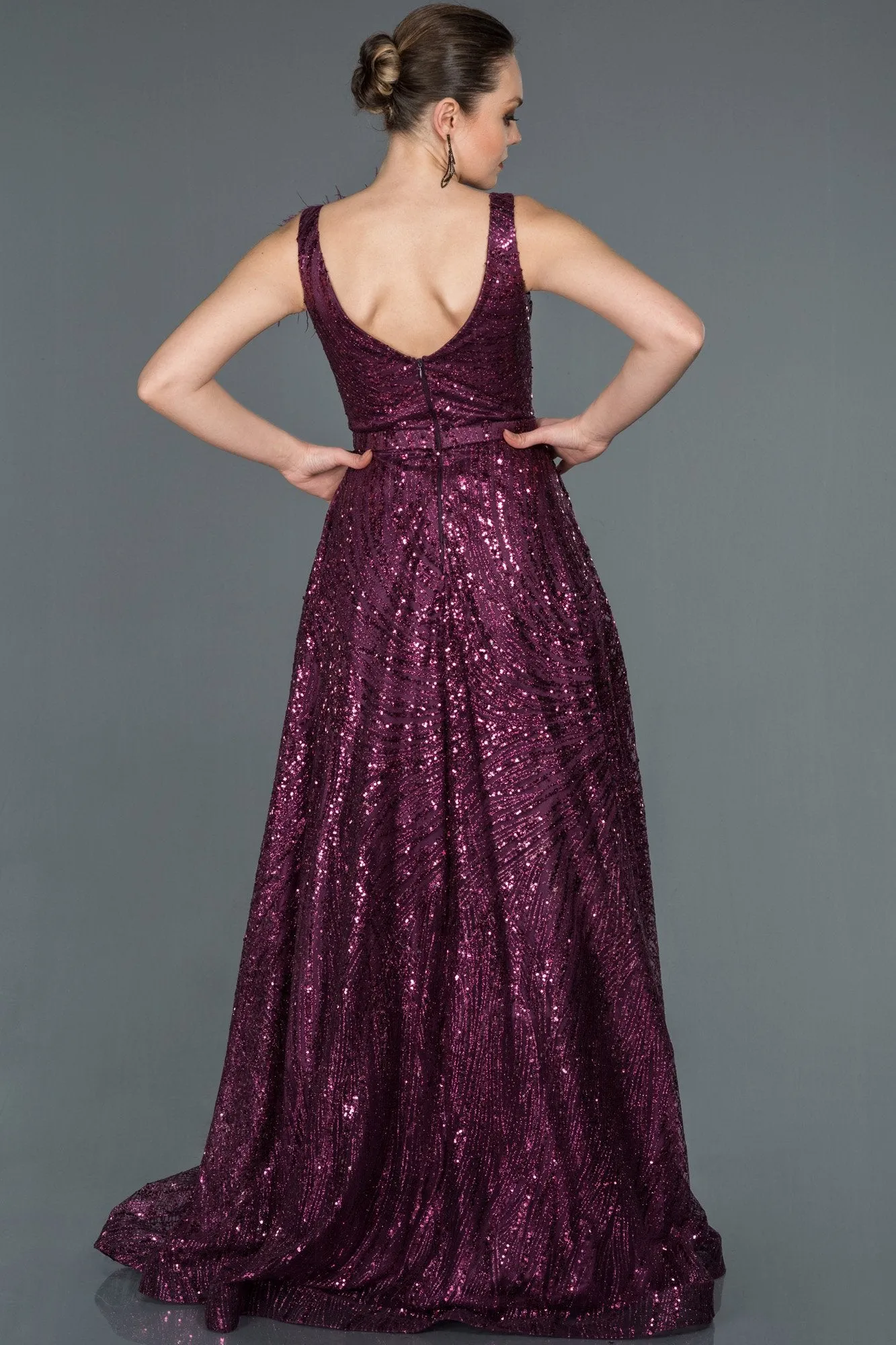 16656 Plum Feather Detail Sequined Tulle Dress