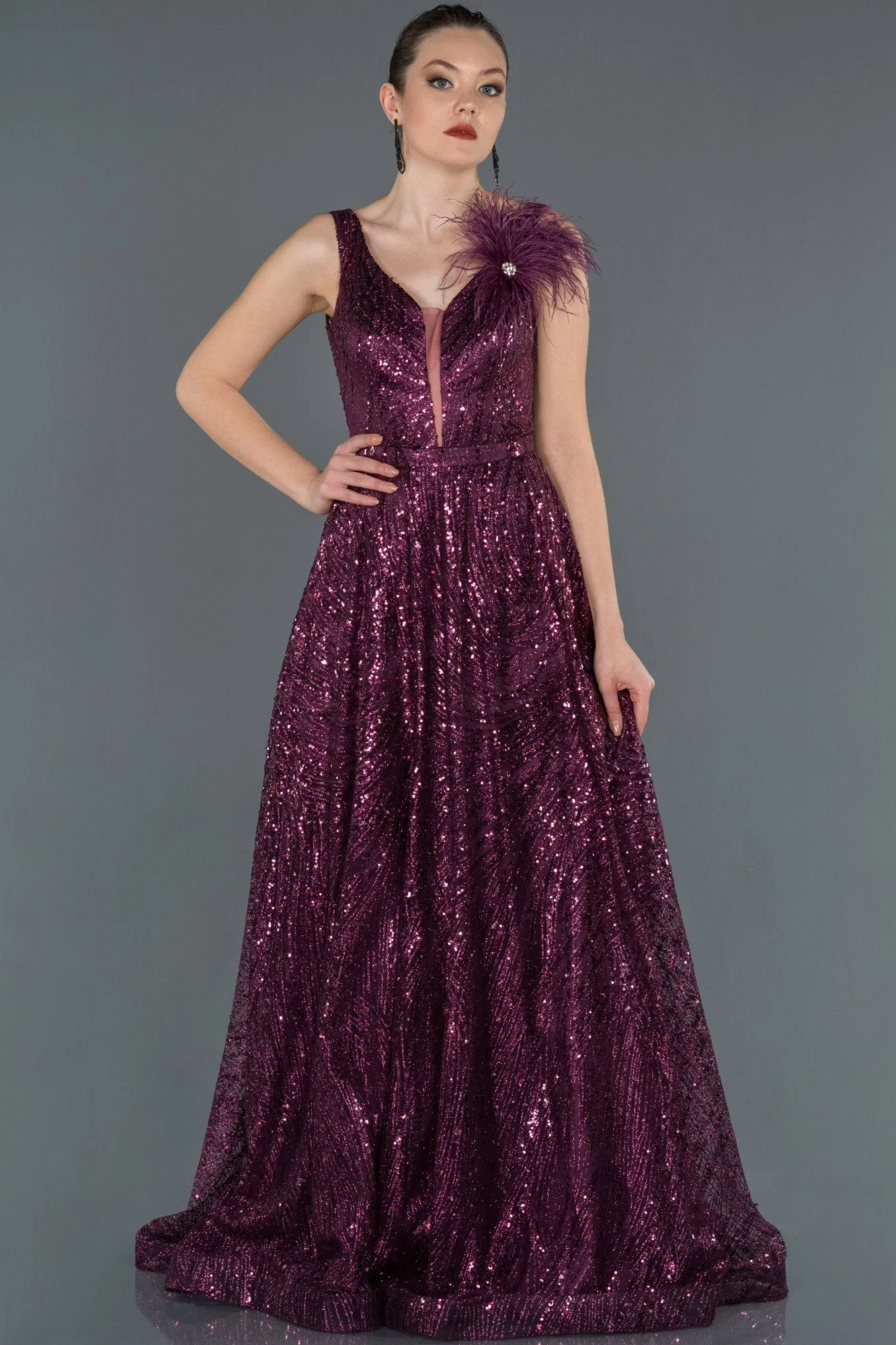 16656 Plum Feather Detail Sequined Tulle Dress