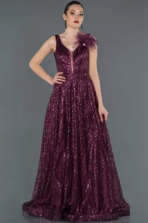 16656 Plum Feather Detail Sequined Tulle Dress