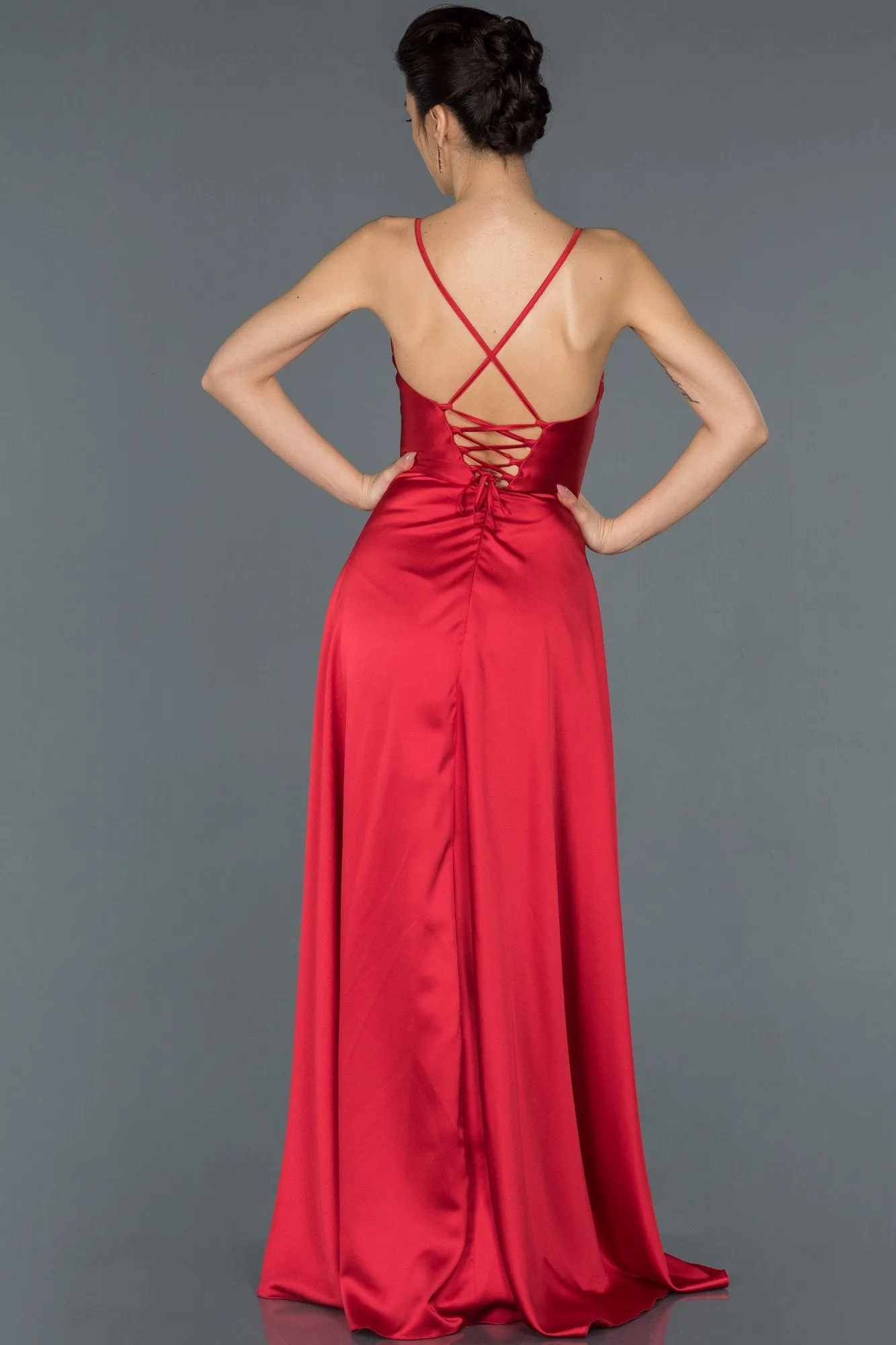 16661 Red Back Cross Strap Satin Slit Dress