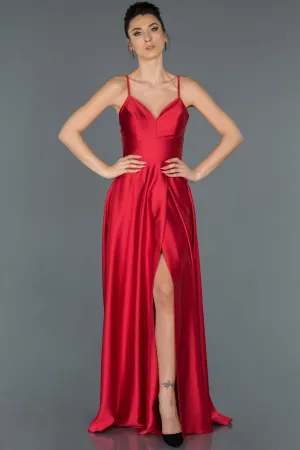 16661 Red Back Cross Strap Satin Slit Dress