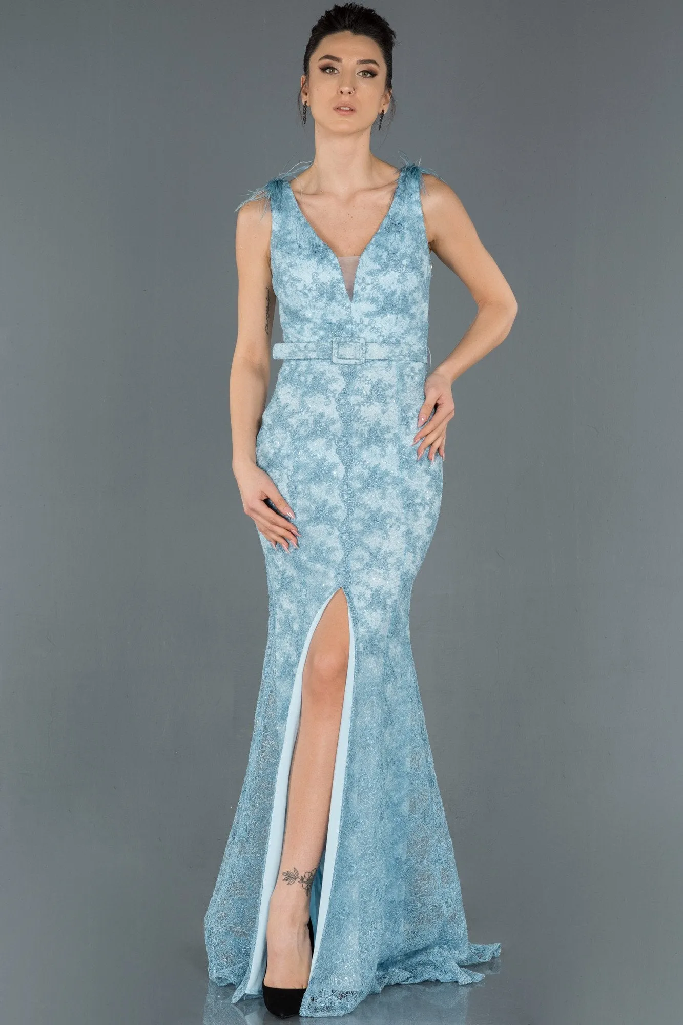 16692 Blue Belt Sequined Lace Slit Dress