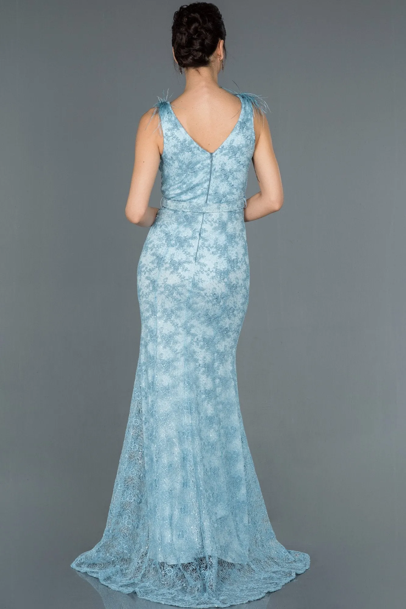 16692 Blue Belt Sequined Lace Slit Dress