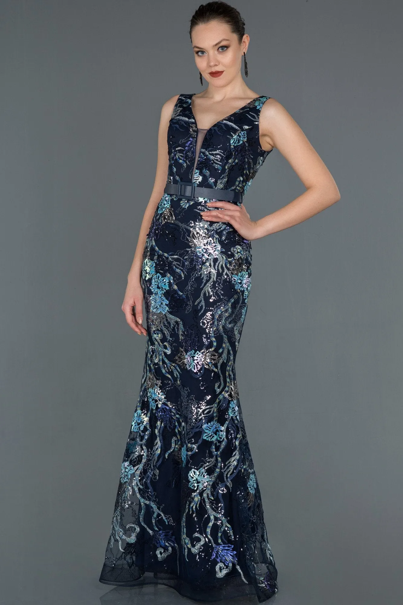 16754 Navy Blue Sequin Embroidered Belt Dress