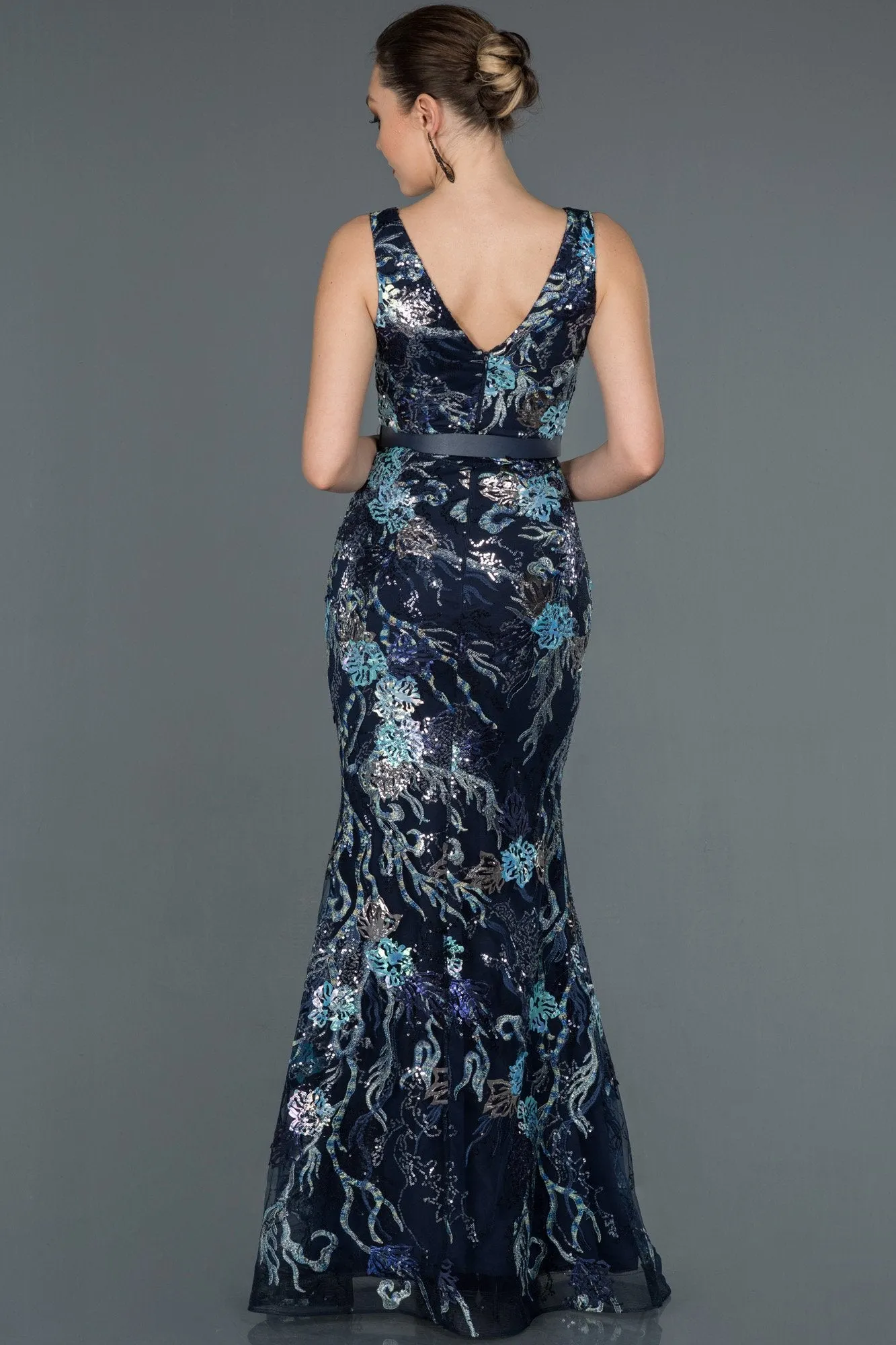 16754 Navy Blue Sequin Embroidered Belt Dress