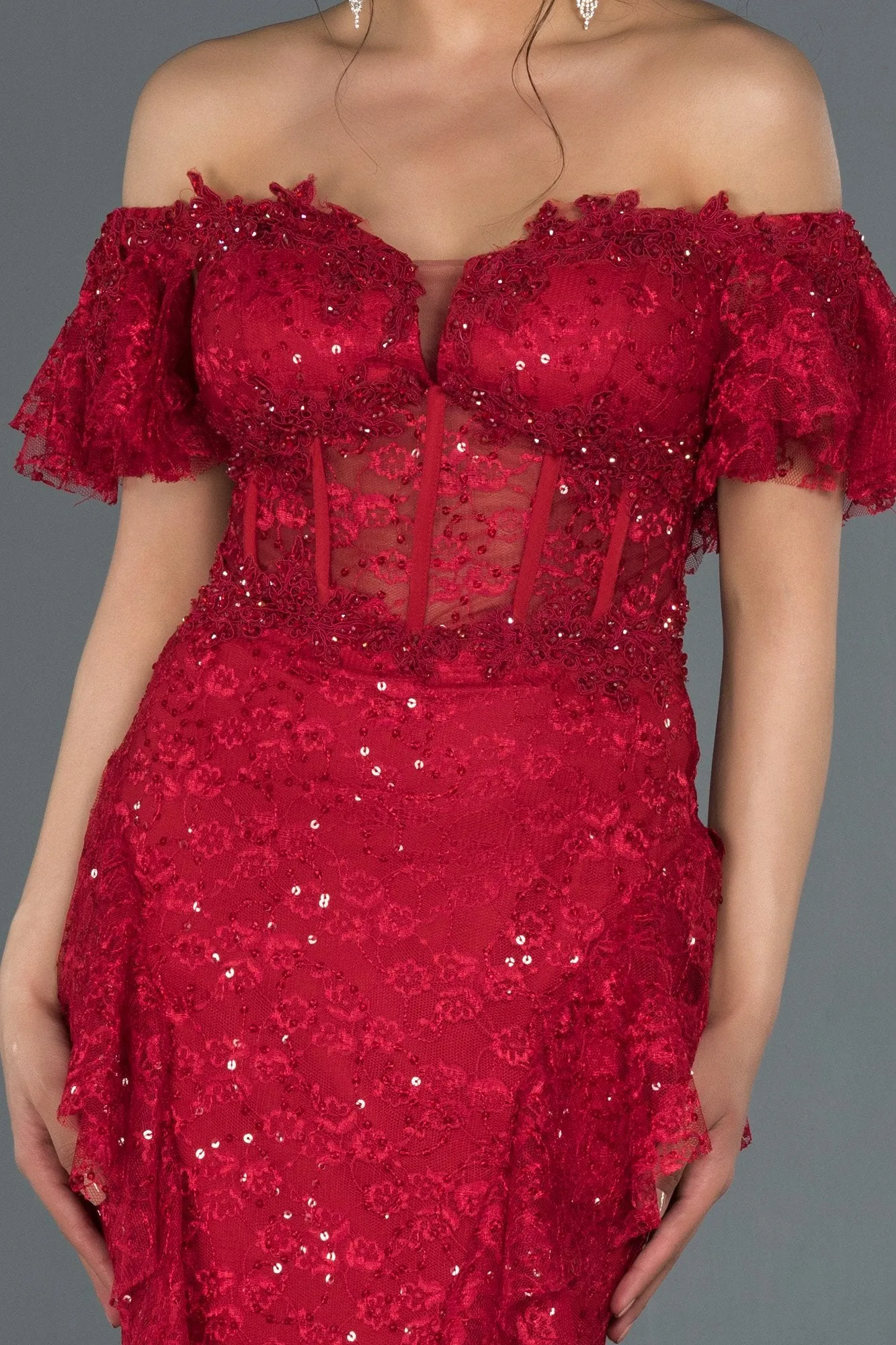 17026 Red Transparent Corset Strapless Lace Dress