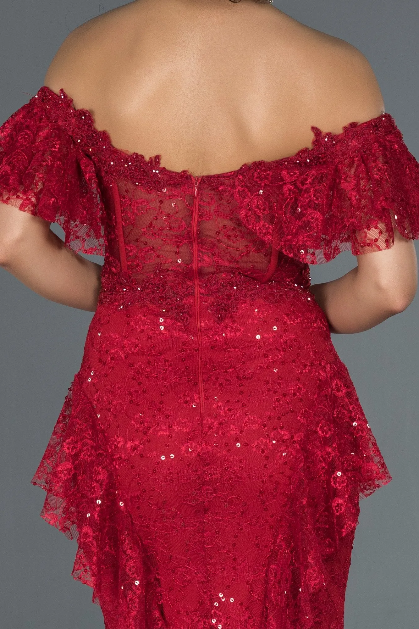 17026 Red Transparent Corset Strapless Lace Dress