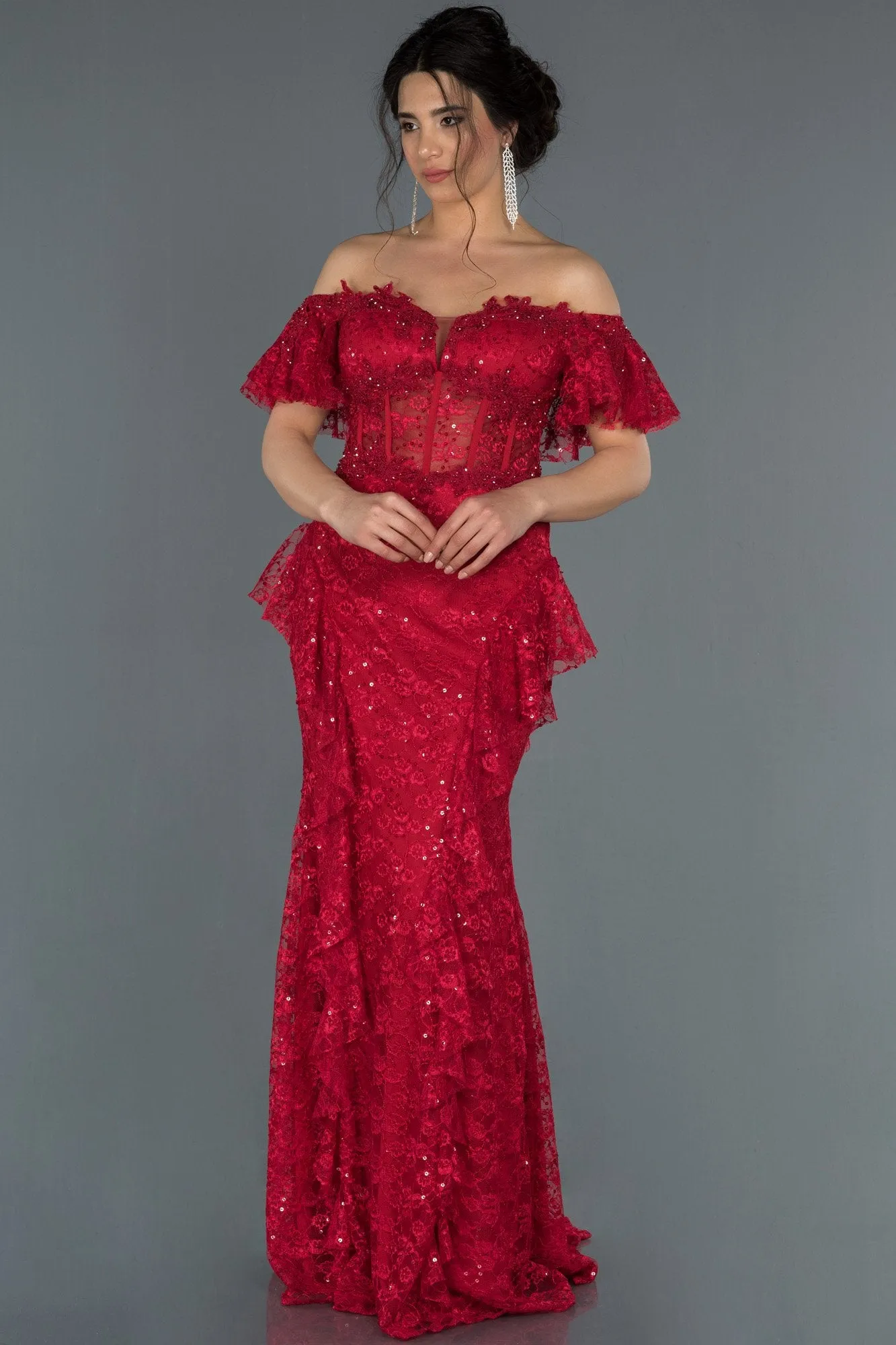 17026 Red Transparent Corset Strapless Lace Dress