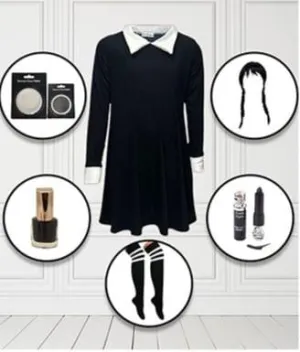 Adult Plain Swing Dress Costume and Accessories Set – Featuring Black Nail Polish, Lipstick, Face Paint, Wig, Referee Over-the-Knee Socks, and More