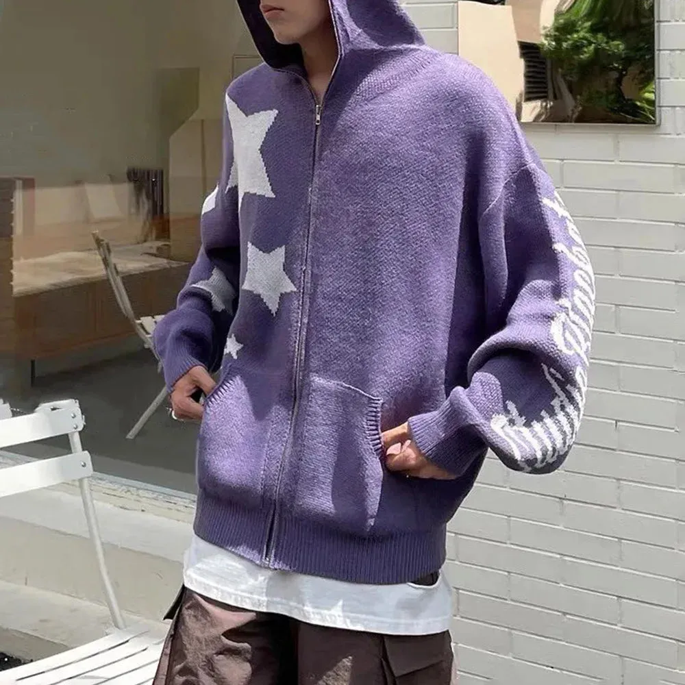 Aidase Star Zipper Cardigan Men Hooded Knitted Sweater Y2K Streetwear Spring Fall American Loose Casual All-match Hooded Sweater Jacket