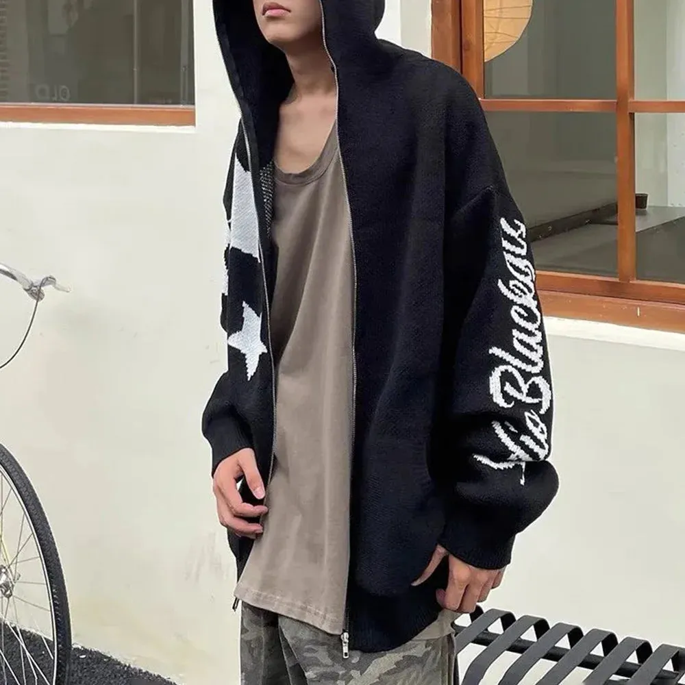 Aidase Star Zipper Cardigan Men Hooded Knitted Sweater Y2K Streetwear Spring Fall American Loose Casual All-match Hooded Sweater Jacket