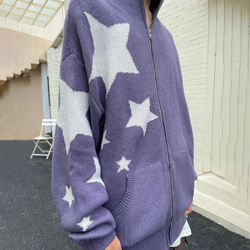 Aidase Star Zipper Cardigan Men Hooded Knitted Sweater Y2K Streetwear Spring Fall American Loose Casual All-match Hooded Sweater Jacket