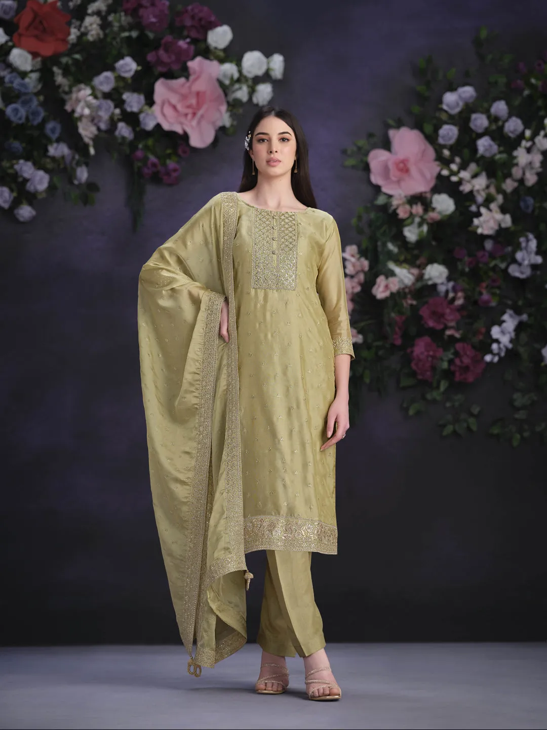 Beige Designer Semi-Stitched Pant Suit With Embroidery Work