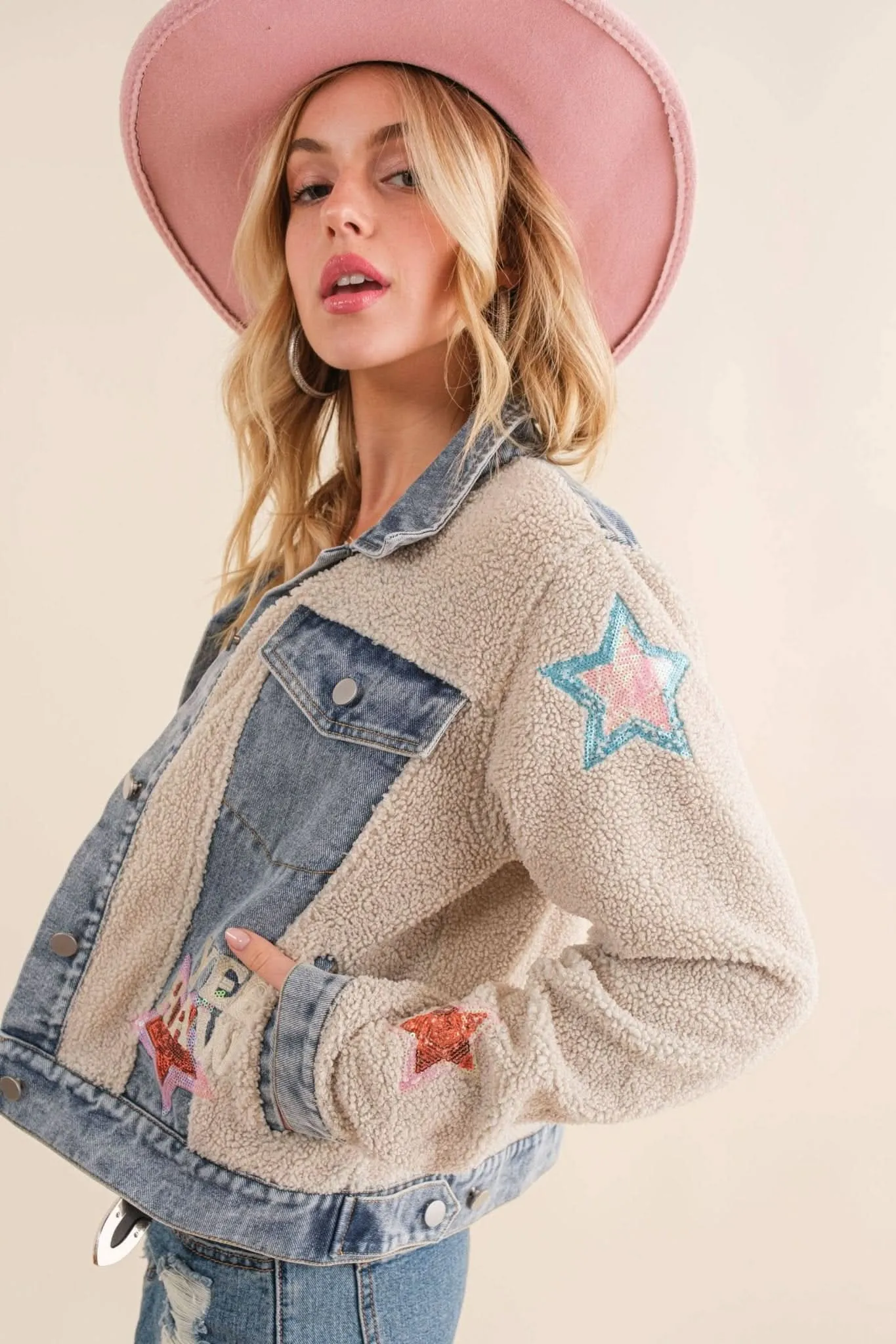 Beige Teddy Denim Contrast Yee Haw Sequin Star Jacket