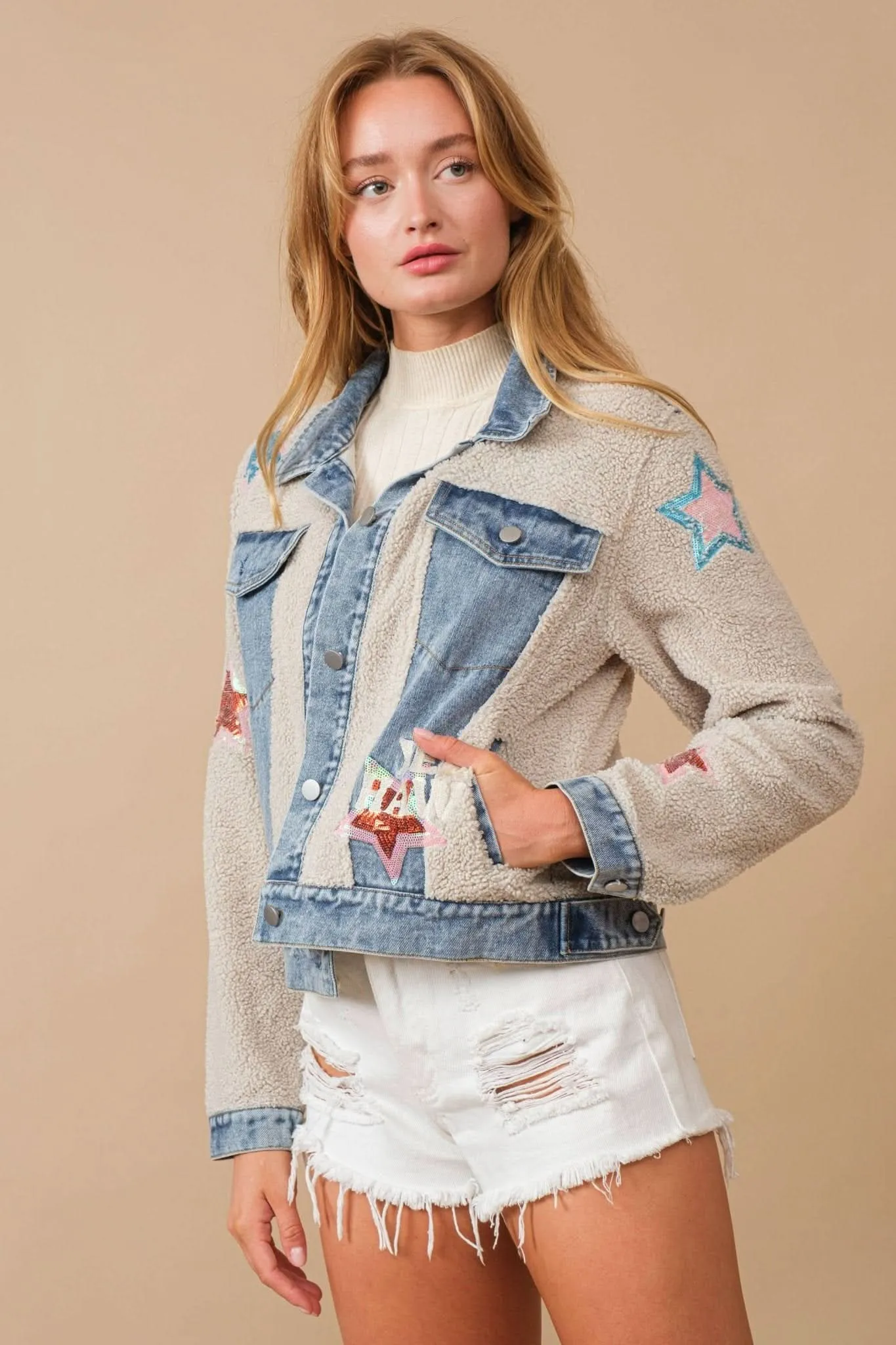 Beige Teddy Denim Contrast Yee Haw Sequin Star Jacket