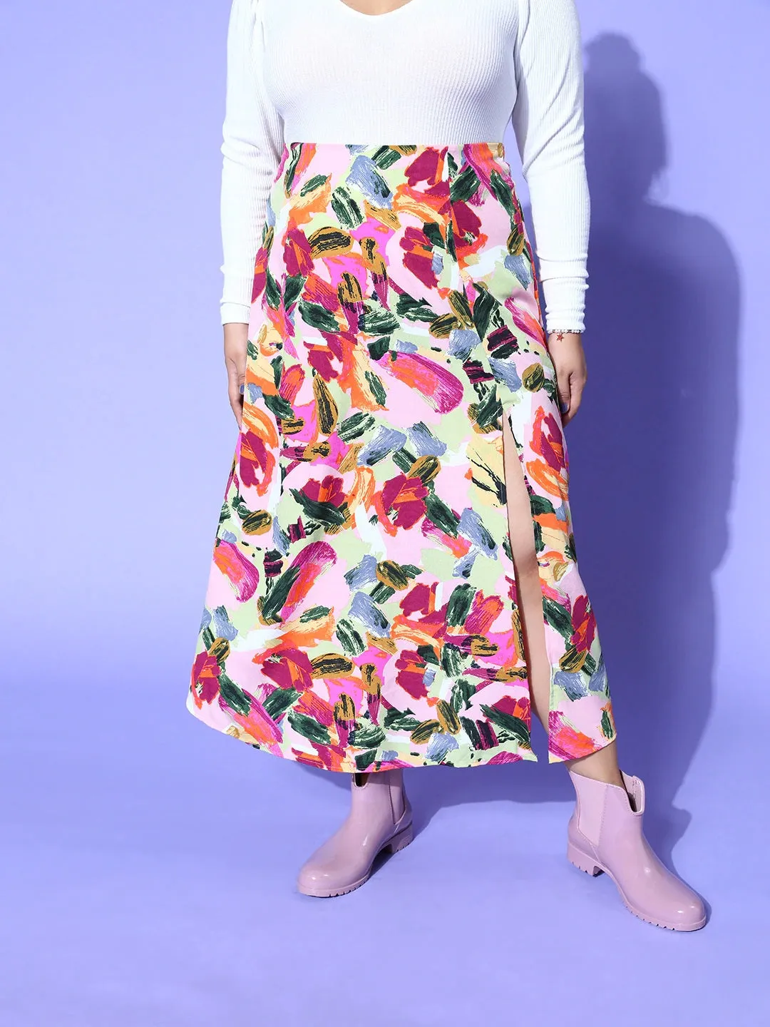 Berrylush Women Plus Size Pink Abstract Printed High-Rise Waist Slitted A-Line Roman Column Skirt