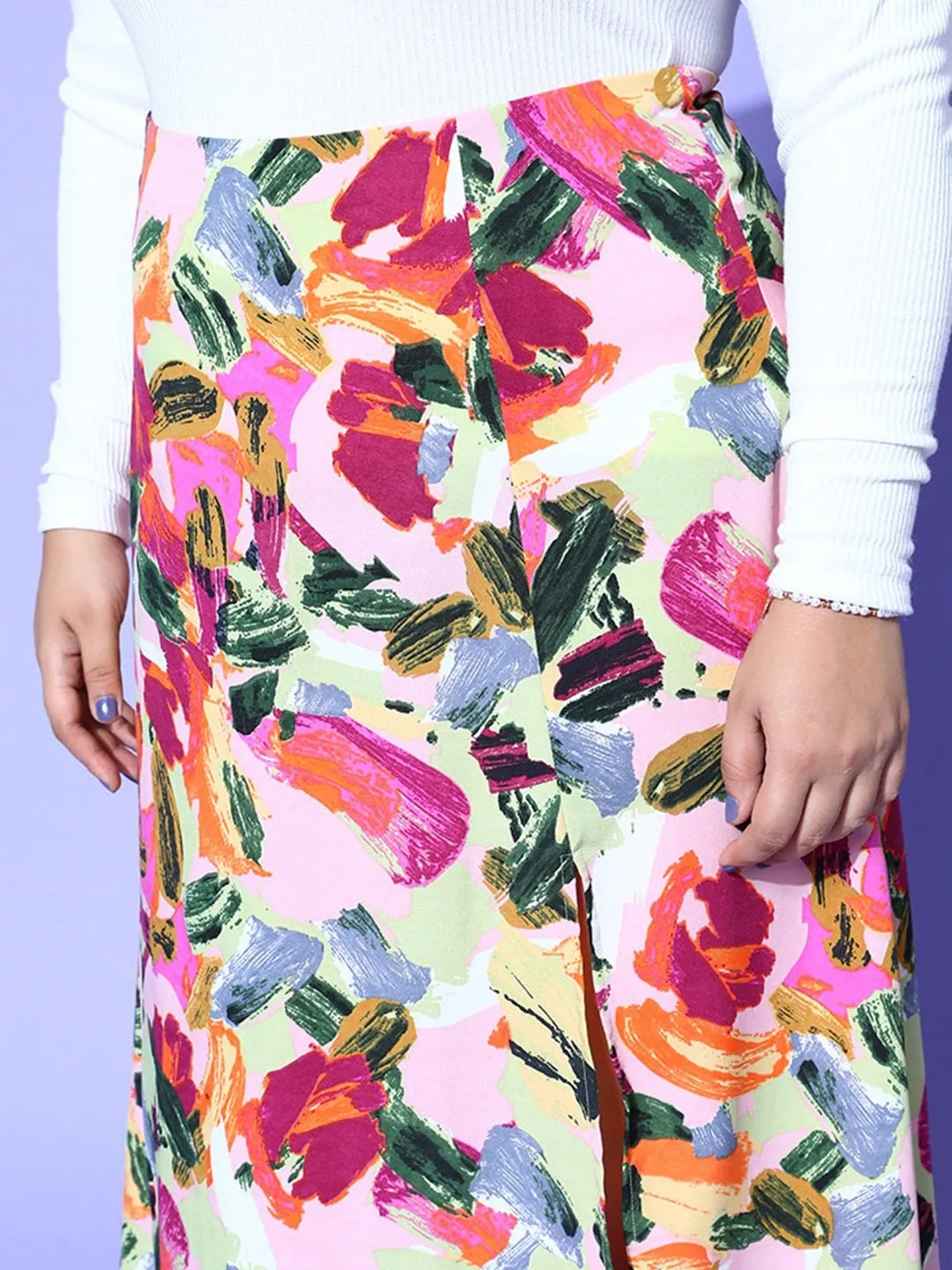 Berrylush Women Plus Size Pink Abstract Printed High-Rise Waist Slitted A-Line Roman Column Skirt