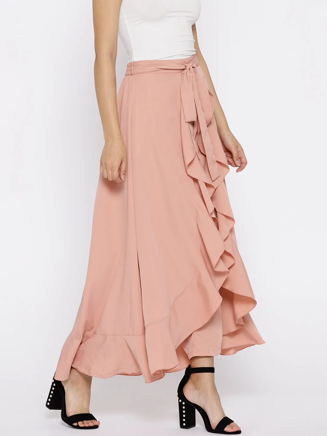 Berrylush Women Solid Dusty Pink Waist Tie-Up Ruffled Maxi Skirt with Attached Trousers