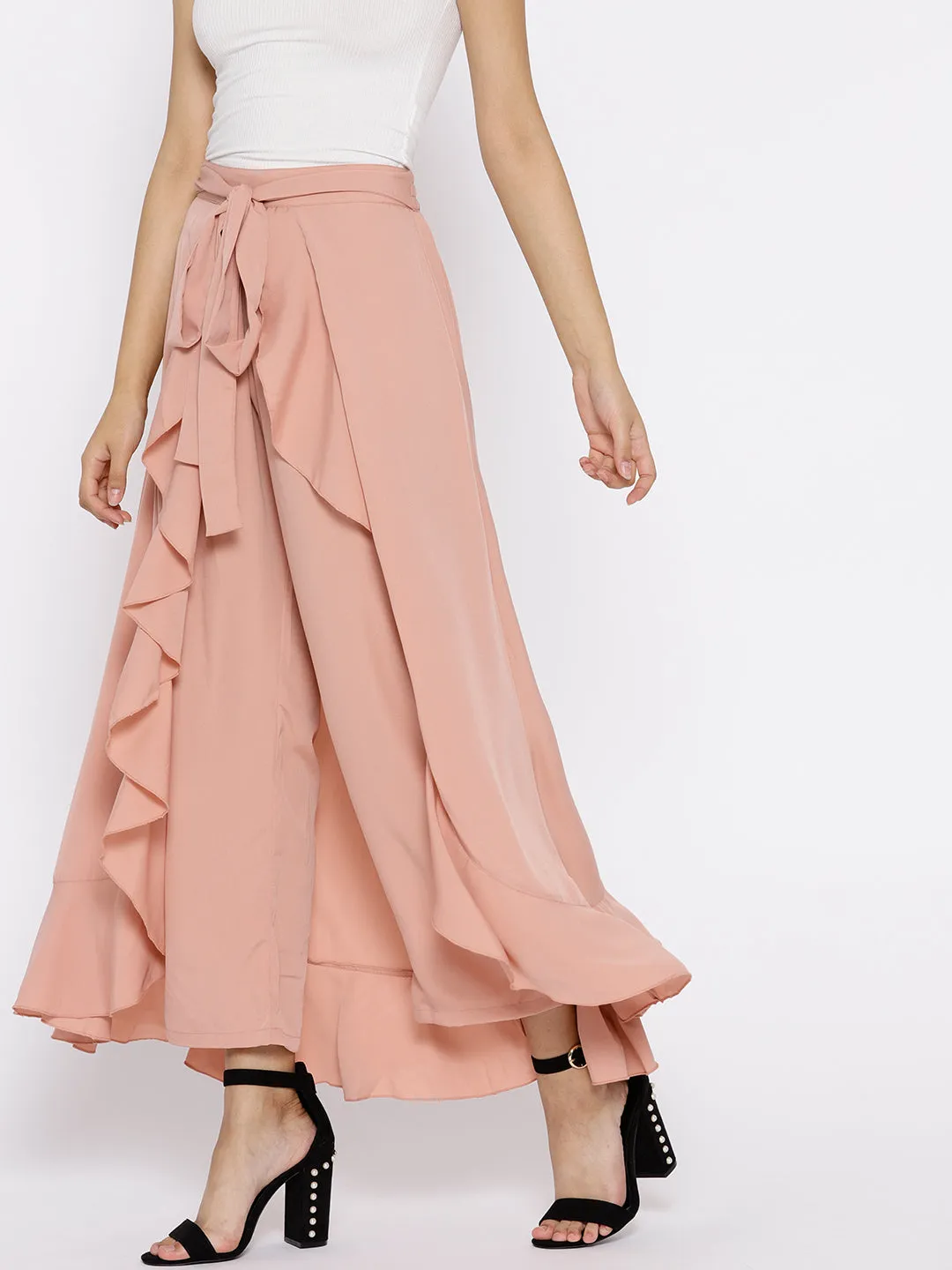 Berrylush Women Solid Dusty Pink Waist Tie-Up Ruffled Maxi Skirt with Attached Trousers