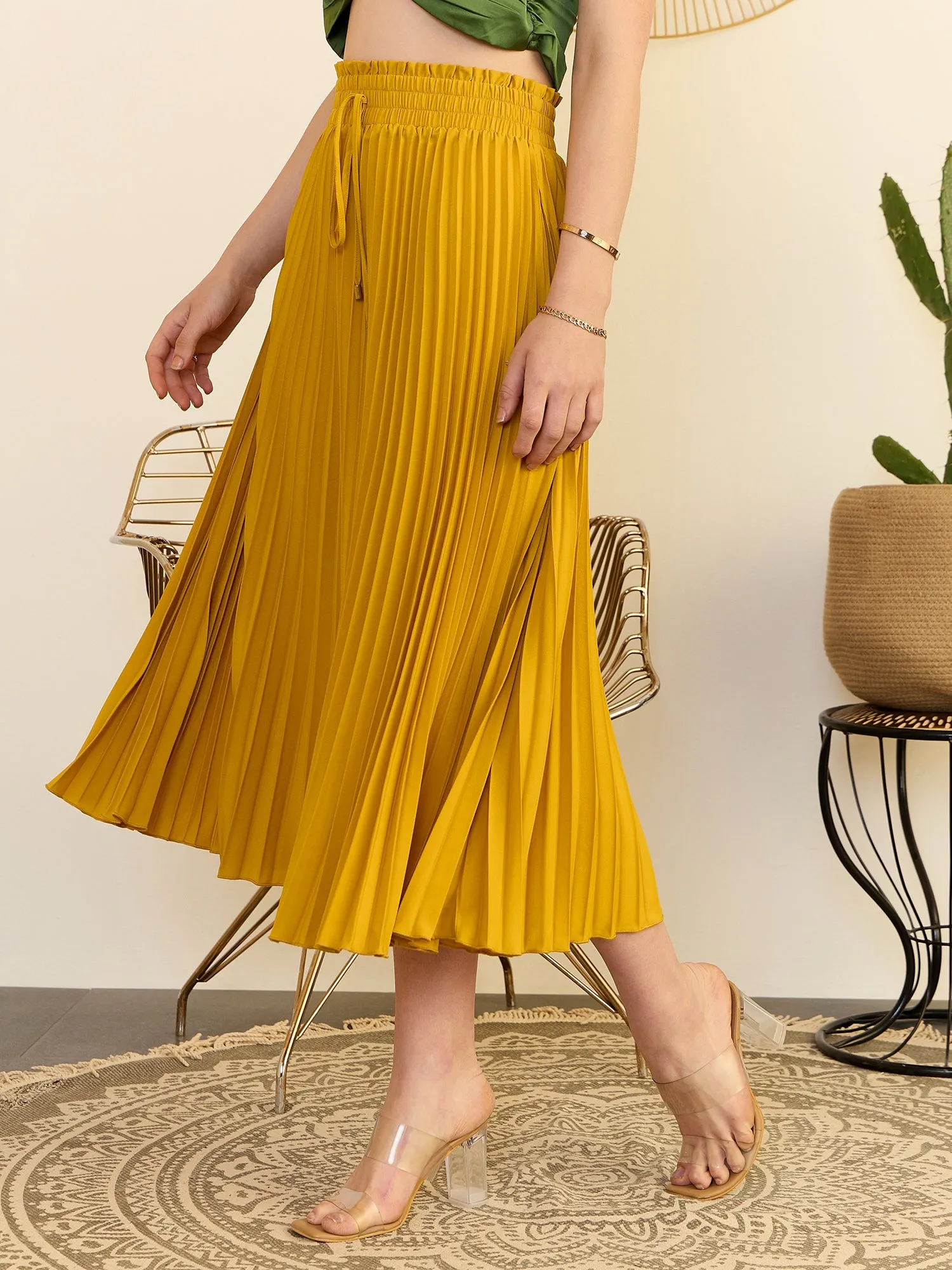 Berrylush Women Solid Yellow High-Rise Elastic Waist Tie-Up Straight Hem Pleated Midi Skirt