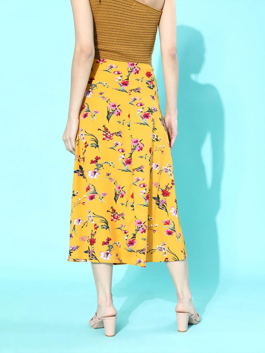 Berrylush Women Yellow Floral Printed Thigh-Slit Flared Midi Skirt