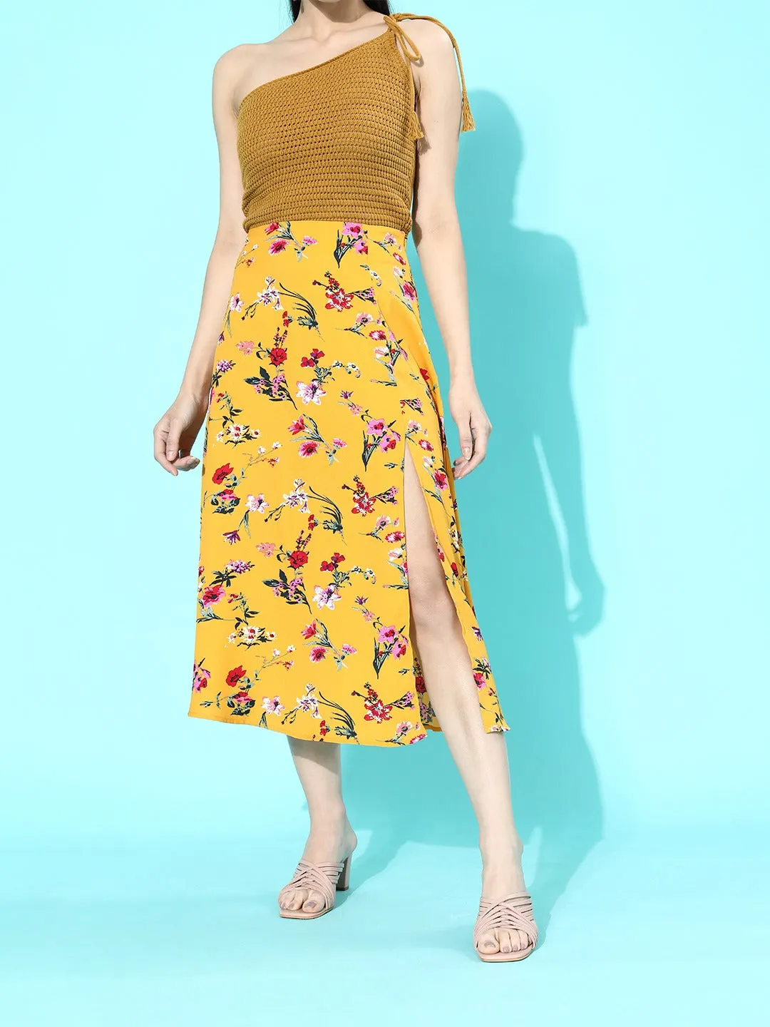 Berrylush Women Yellow Floral Printed Thigh-Slit Flared Midi Skirt