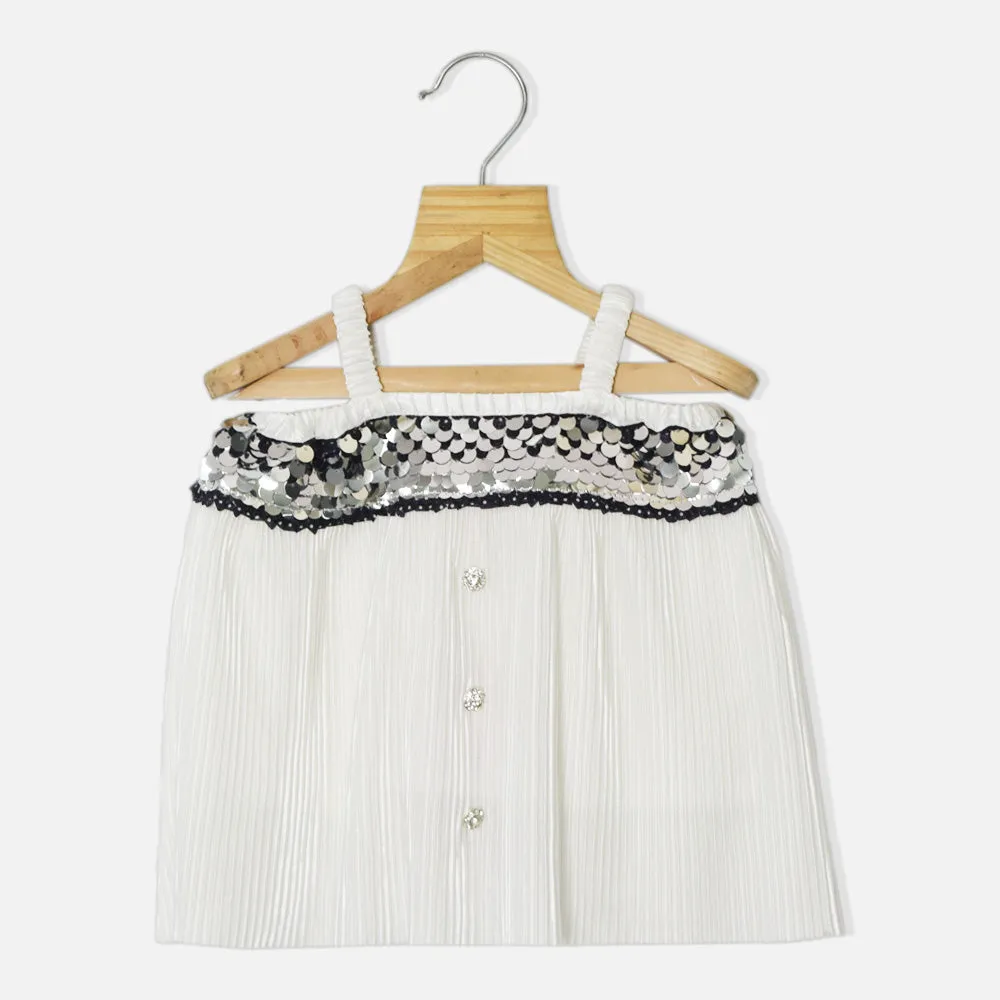 Black & White Sequins Pleated Sleeveless Top