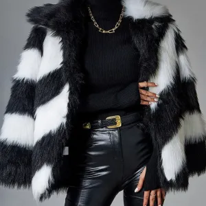 Black Faux Rabbit Fur Coat Luxury Fur Coat Artificial Fur Stitching Jackets Women Turn-Down Collar Coat Plush Over Coats