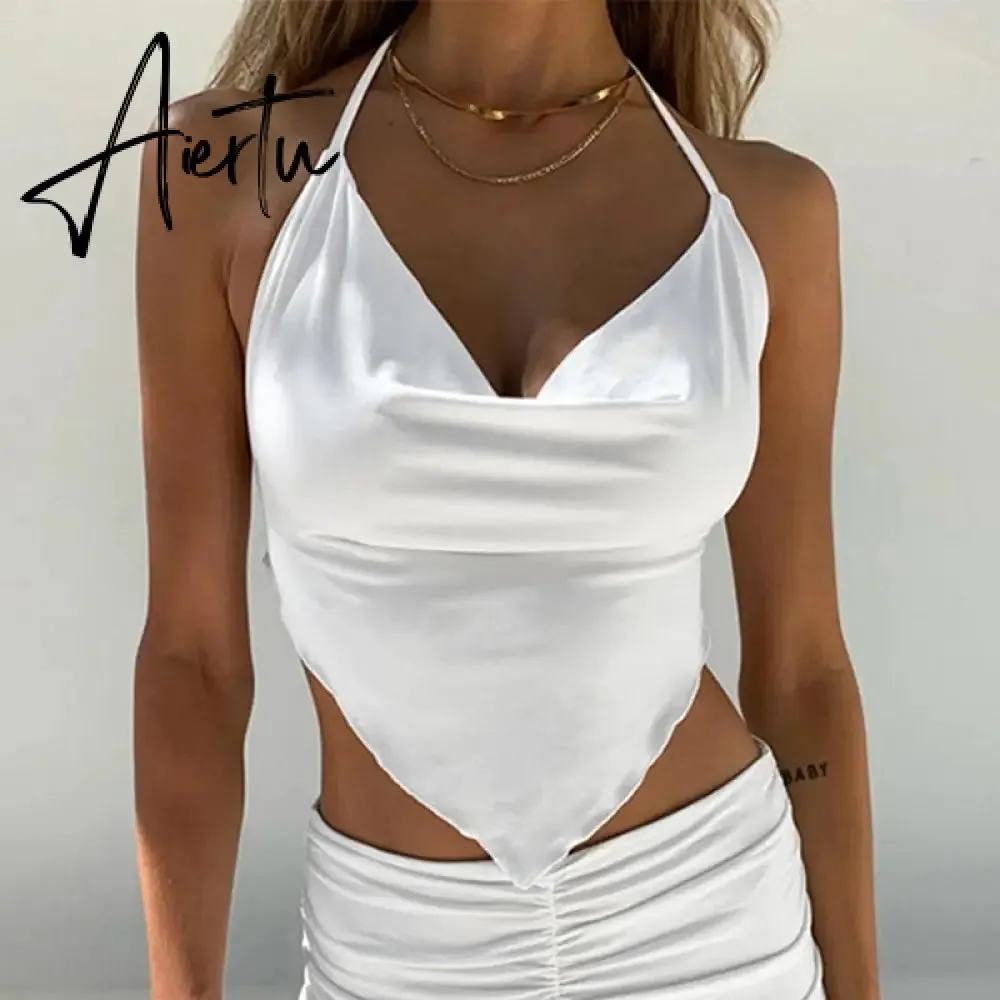 Black Sexy Halter Bandage Crop Tops For Women Sleeveless Backless Club Party Chic Wrap Cropped Top Slim Camis Streetwear Tanks