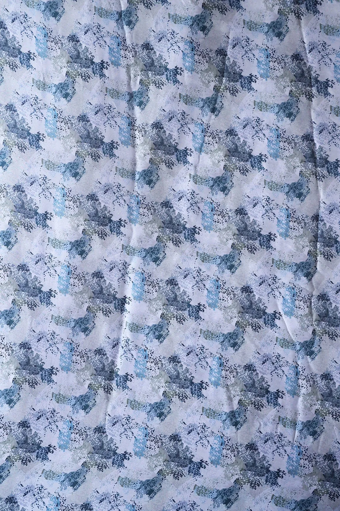 Blue Abstract Pattern Digital Print On White Georgette Satin Fabric