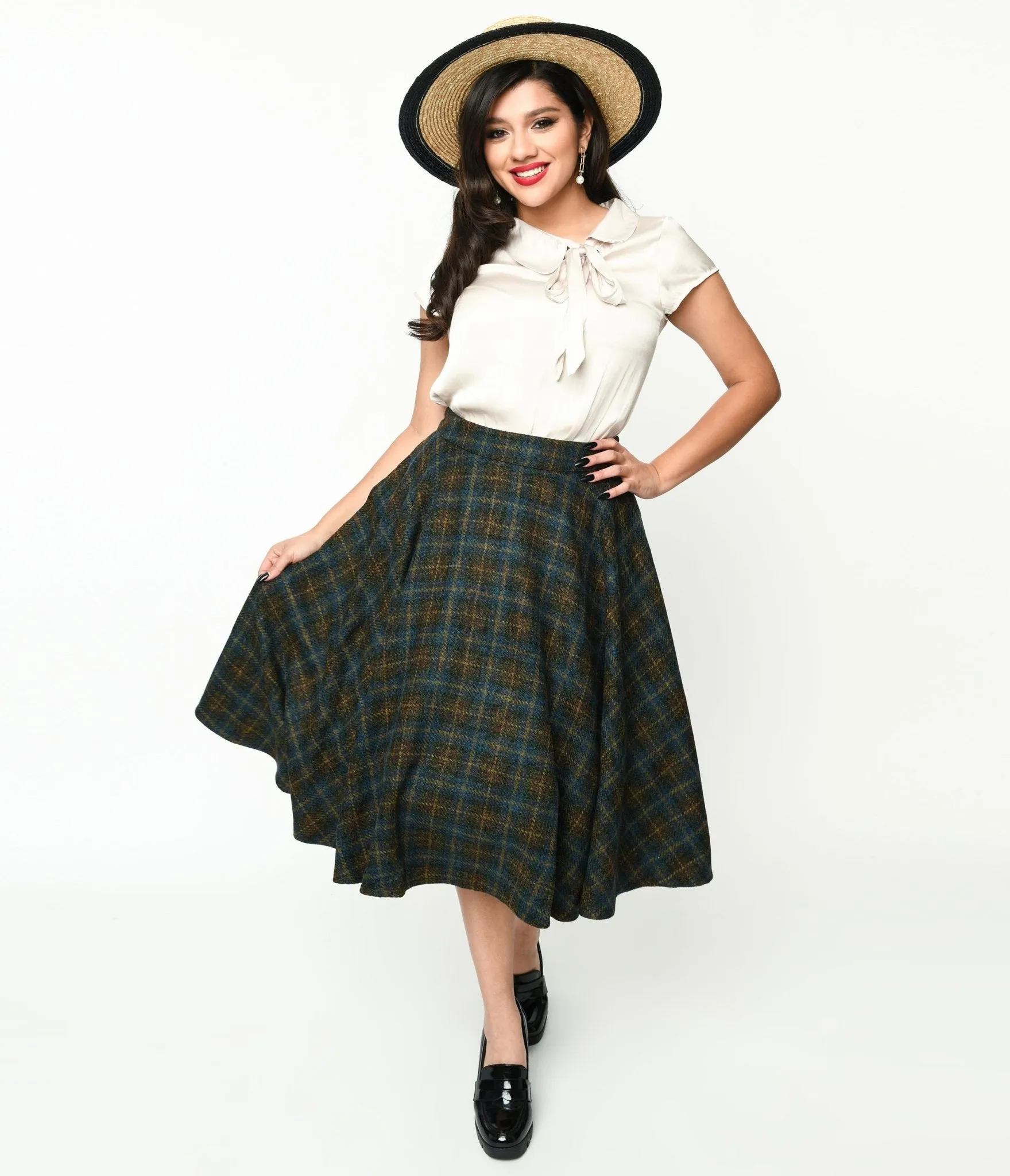 Blue & Green Check Plaid Swing Skirt