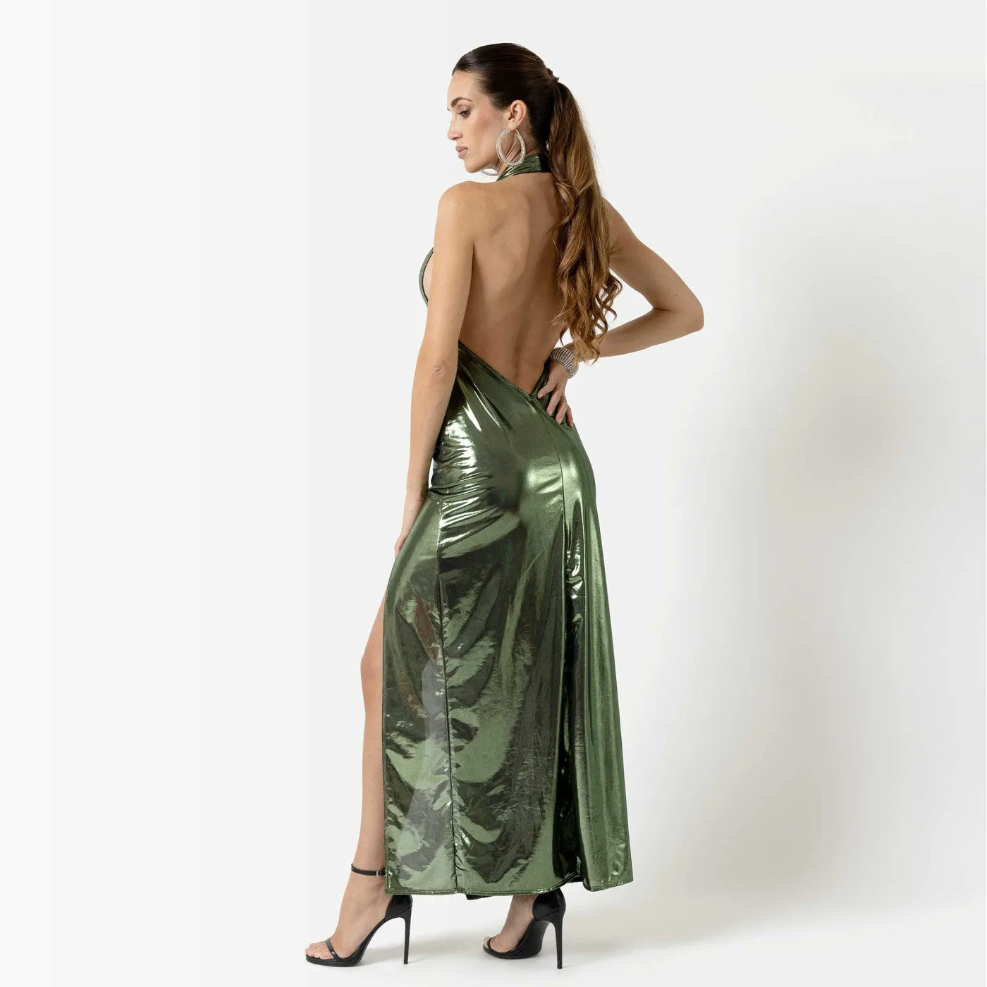 Celeste Halter Neck Metallic Dress in Green or Silver