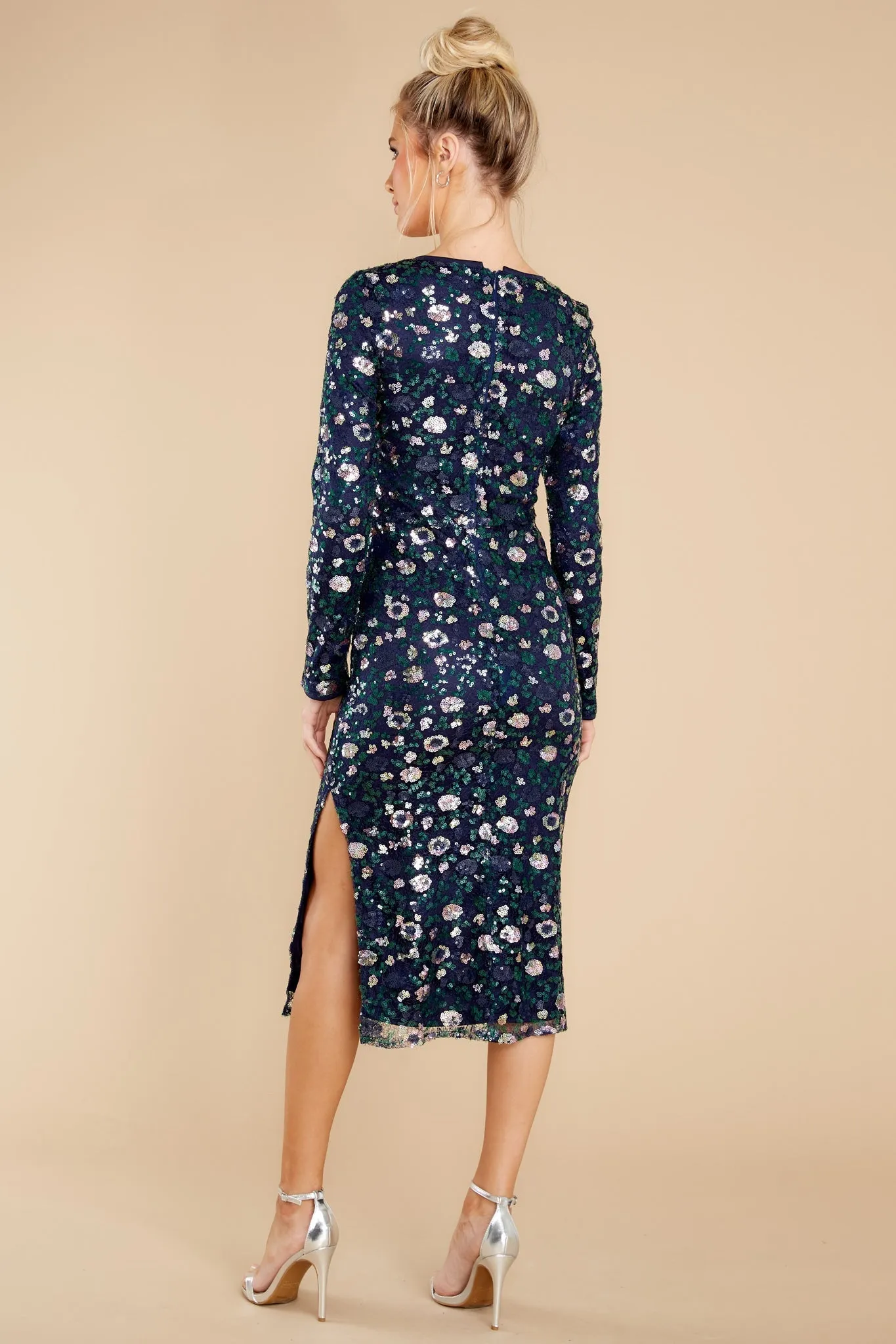 Complete This Moment Navy And Silver Sequin Midi Dress