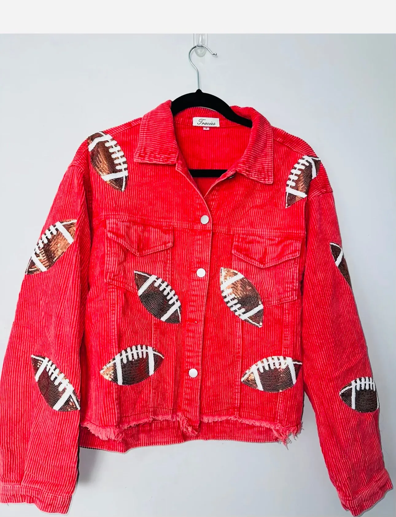 Corduroy jacket with football sequin patches