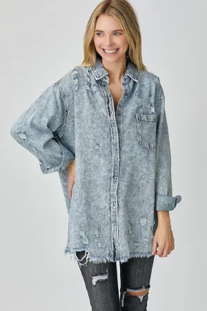 Distressed Raw Hem Denim Shirt