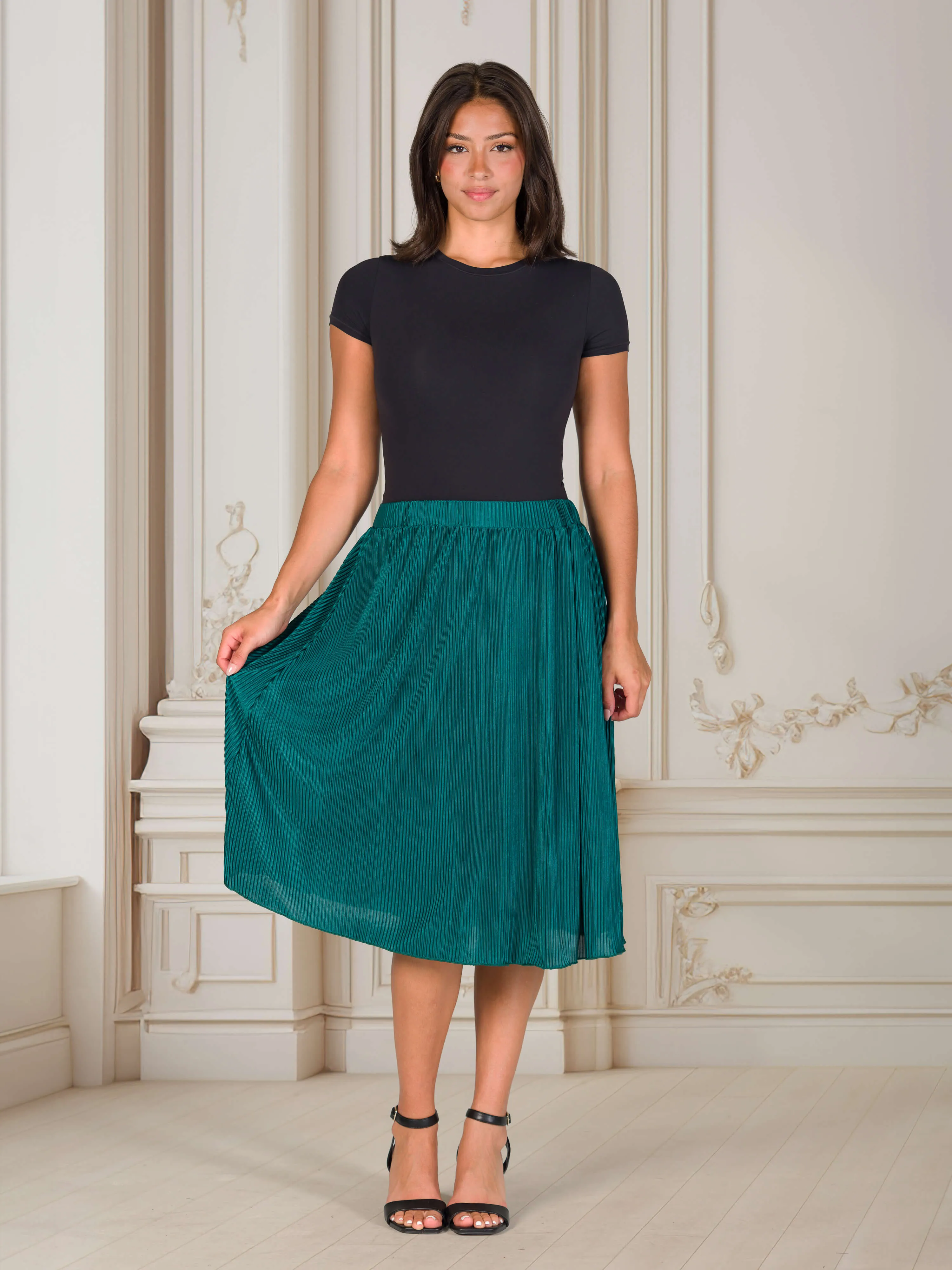 Elegant Accordion Pleated Elastic Waistband Party Midi Skirt