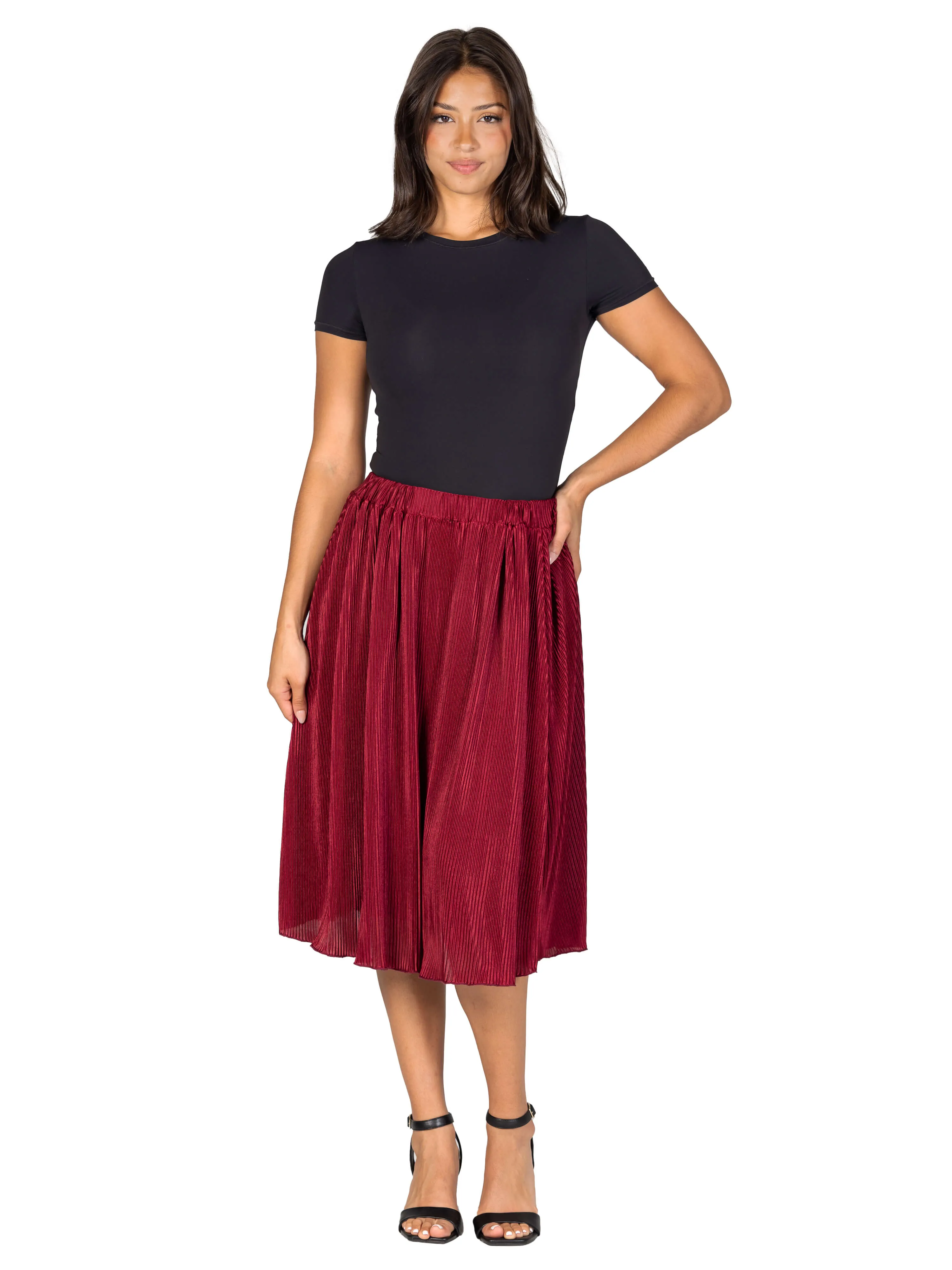 Elegant Accordion Pleated Elastic Waistband Party Midi Skirt