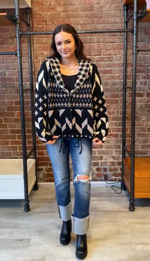 Ethnic Printed Knit Sweater Pullover | Black Taupe