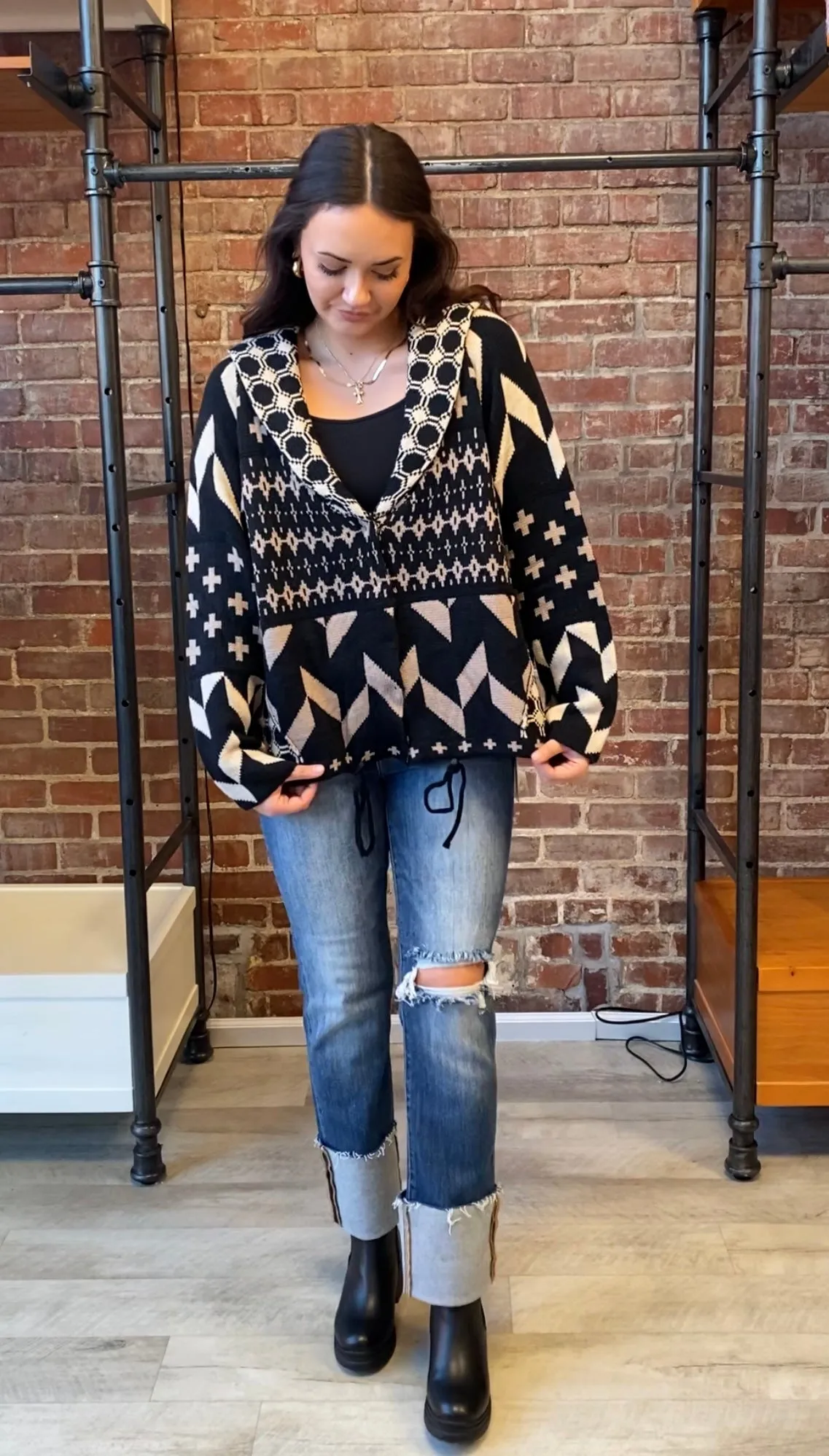 Ethnic Printed Knit Sweater Pullover | Black Taupe