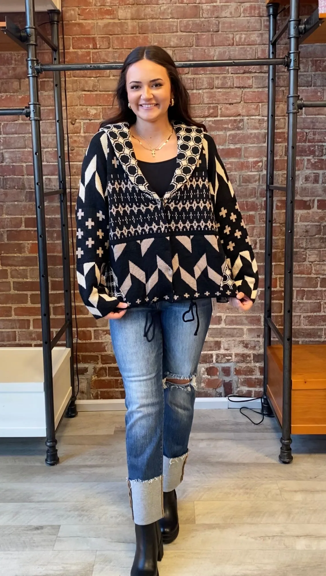 Ethnic Printed Knit Sweater Pullover | Black Taupe